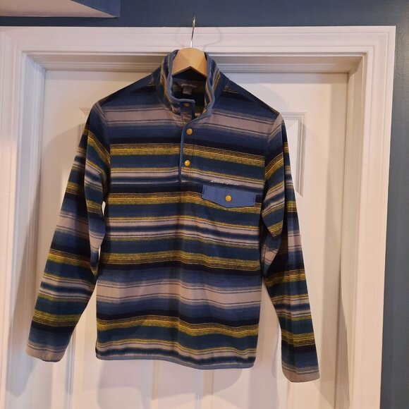 Eddie Bauer Fleece Mens Small Blue Striped Snap Up Sweatshirt‎ Southwest Hiking - Picture 1 of 9